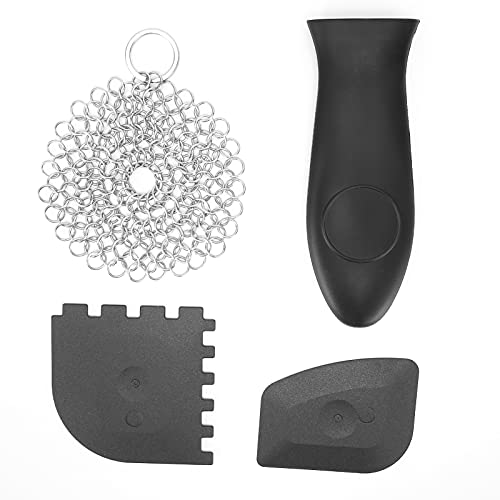 Cast Iron Chainmail Scrubber Pan Scraper,Stainless Steel Cleaner Pot Scrubber Toothed Scraper Kit for Kitchen Easy Cleaned Dishwasher Safe