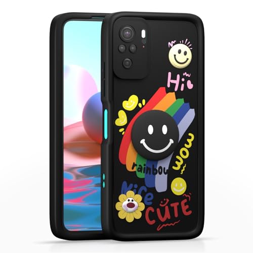 Image of Pikkme Back Cover for Redmi Note 10 / Note 10s / Note 11 SE | Soft Silicone| Cute Rainbow Smile & 3D Cartoon Flower Design | Shockproof Raised Camera Protection Bumper Case (Black)