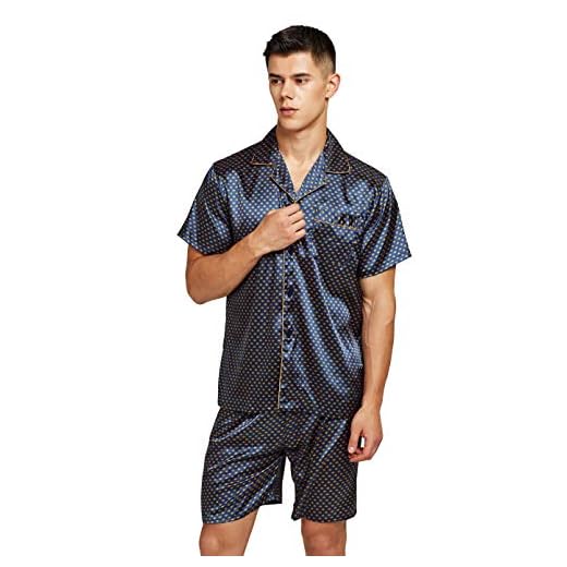 TONY AND CANDICE Men's Short Sleeve Satin Pajama Set with Shorts (X-Large, Blue/Golden)