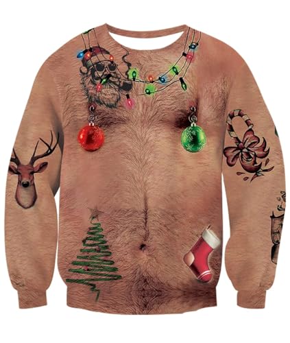 Idgreatim Mens Male Novetly Chest Hair Print Long Sleeve Pullover