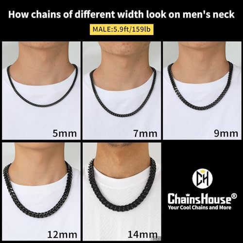 'ChainsHouse Stainless Steel Mens Cuban Link Chain, Black/18K Gold Miami Cuban Chain Necklace, 5mm/7mm/9mm/12mm/14mm Width, No Tarnish& Durable Hip Hop Mens Jewelry, 18''-30'', Send Gift Box'