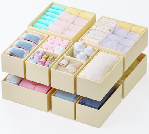 Image of KIKJOK Drawer Organizer Clothes, 12 Pack Fabric Dresser Organizer for Baby Clothes, Underwear, Sock, Diapers- Foldable Closet Organization and Storage Dividers Bins for Nursery, Bedroom (Beige)