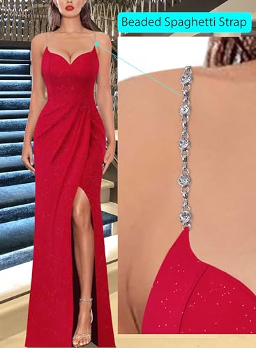 Image of VFSHOW Womens Sexy Formal Ruched Fitted High Slit Bodycon Maxi Dress Spaghetti Strap Sweetheart Cocktail Prom Evening Gown