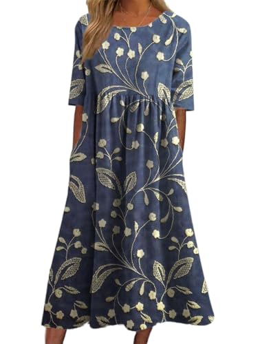 Women's Summer Boho Floral Short Sleeve Maxi Dresses Casual Loose Flowy Beach Vacation Tshirt Dress with Pockets