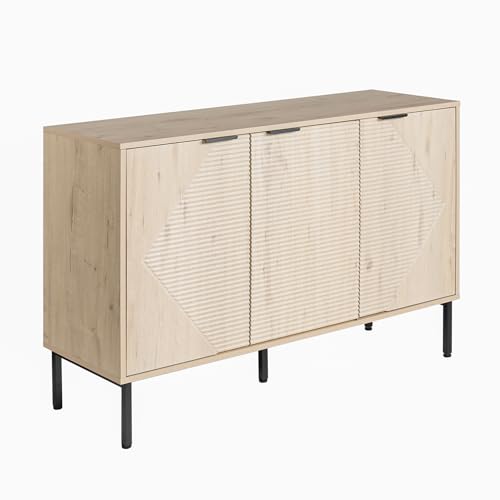 خزانة بوفيه جانبية عصرية مع ابواب وارفف - خزانة تخزين خشبية مخددة لغرفة المعيشة او المدخل او المطبخ (بلوط ابيض)