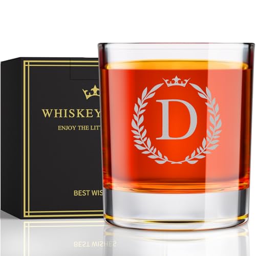 Image of Personalized Whiskey Glasses Gifts for Men, Monogrammed Engraved A-Z 10.6 oz Rocks Glass Customized Gift, Unique Christmas Birthday Gifts for Men Him Dad Husband Brother Son (D)
