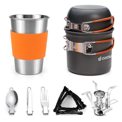 Comparison: Best Cookware For Propane Stove 8 Odoland Camping Cookware Stove Carabiner Canister Stand Tripod and Stainless Steel Cup, Tank Bracket, Fork Spoon Kit for Backpacking, Outdoor Camping Hiking and Picnic,Orange