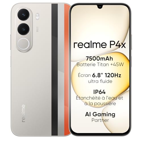 Smartphone realme P4X 4G de 256Go avec grand écran LCD 120Hz pour un usage quotidien fluide