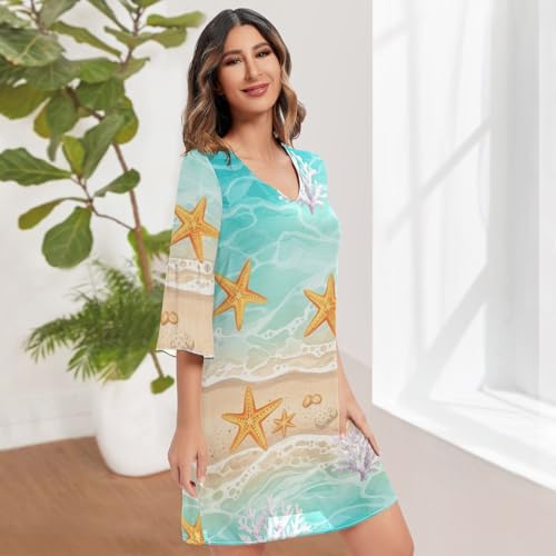 Robe trapèze manches 3/4 imprimé tropical turquoise légère - 3