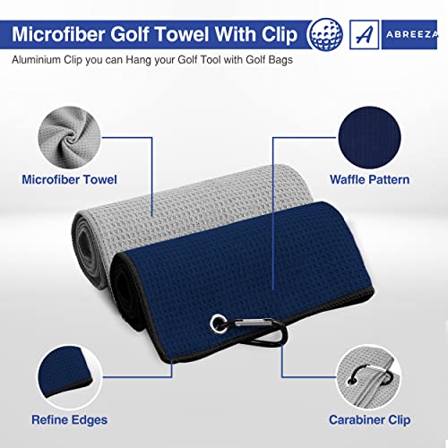 Golf Towels For Men, Microfiber Golf Towel, Waffle Pattern Tri-Fold Golf Accessories For Men | Golf Cleaning Brush | Grey Golf Towel | Golf Towels For Golf Bags With Golf Brush (Navy, Grey) #TOP1