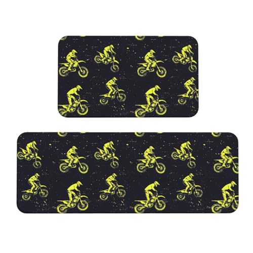 Antifatigue Kitchen Mats for Floor 2 Piece - Green Motorcycle Rider 1 Print Kitchen Rugs Washable, Non Slip Runner Rug Standing Mat for Office/Bathroom/Laundry/Home Decor and Accessories