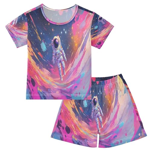 ALAZA Astronaut Colorful Pajamas Set Short Sleeve Cotton Sleepwear Summer Pjs 2 Piece 5-14Y