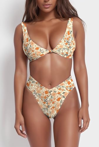 Image of geluboao Bikini Set for Women Solid V Neck Knot Front Push Up High Leg Thong Two Piece Swimsuit