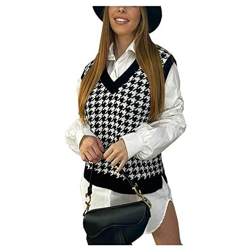 Shulaa dam hundtand stickad väst dam v-ringad ärmlös jumper tröja tank top