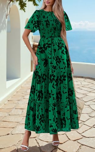 Image of PRETTYGARDEN Women's 2026 Summer Casual Flutter Short Sleeve Boho Floral Maxi Dress Crew Neck Smocked Tiered Long Dresses