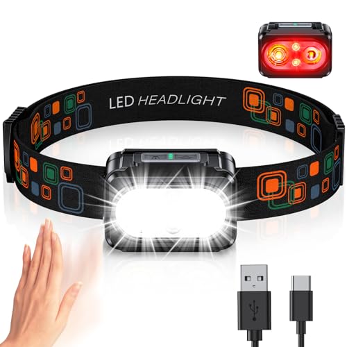 ISEYOU Linterna Frontal, Frontal LED Recargable con Luz Rojo & Sensor de Movimiento, 5 Modos de Iluminación y Impermeable IPX4, Super Brillante Linterna Cabeza para Correr, Camping, Pesca