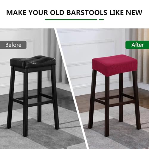 Image of YISUN Stool Covers Rectangle - 2 Pack Stretch Waterproof Saddle Seat Cover Counter Bar Stools Bar Chairs Covers Kitchen Island Chairs Cushion Protector (2, Wine Red)