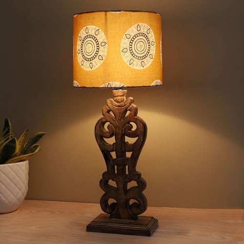 Image of tu casa Mangowood Rustic Brown French Table Lamp for Home Decoration, Bedroom, Living Room, Lounge, Office, Festival Gifting, Study Table (Mandala Print with Satin Shade) H - 21 inch / No Blub