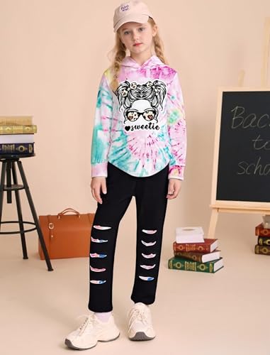 Image of Girls Clothes Cool Girl Print Tie Dye Hoodie Pullover Sweatshirts Leggings Teen Girl Clothes 6-14 Years