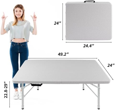 Rattan Folding Table 4ft Heavy-Duty Portable Outdoor Picnic Table for Party Dining Camping Tables with Handle(White)
