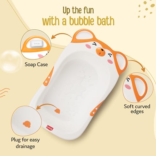 Image of LuvLap Bubble Baby Bathtub (White & Orange) & Anti Slip Baby Plastic Bath Chair (Yellow) for 6 Month - 3 Years, Bathtub with Drain Plug, Baby Bath Seat /Sling with Non Slip Suction Base