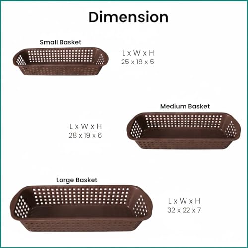 Image of Go Hooked Rectangular Plastic Drawer Organizer (Set of 3) - Multipurpose Storage Basket for Makeup, Stationery, Desk & Home Organization - Durable & Compact (Brown)