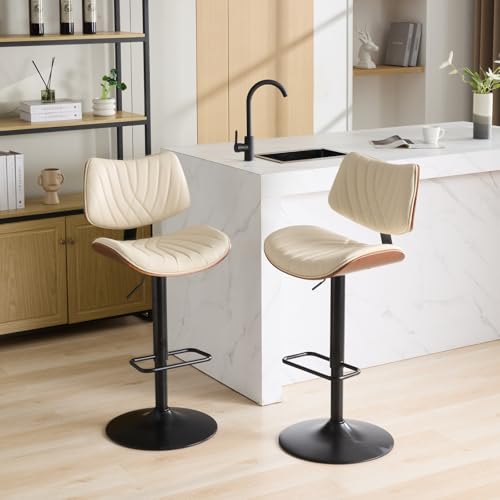 REONEY Butaco Giratorio, Set de 4, Altura Ajustable, Tapizado en Cuero PU Beige, con Respaldo y Reposapiés, Moderno miniatura 2