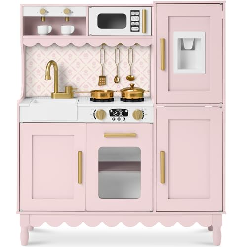 Best Choice Products Play Kitchen for Kids Cottage Style Kids Kitchen Playset for Toddlers Pretend Play Toy Kitchen w/ 11Pcs Espresso Machine Microwave Oven Refrigerator w/Ice - Pink