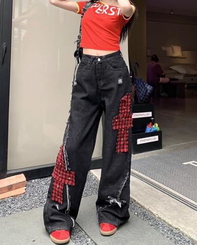 Unisex Y2K Baggy Wide Leg Jeans – Black Ripped Distressed Denim Pants with Red Plaid Patchwork Punk Streetwear4