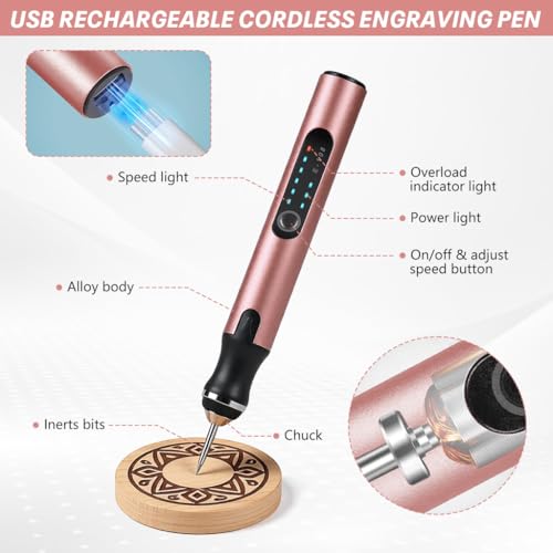 Image of Serplex Electric Engraving Pen with 37 Bits 4.2V USB Rechargeable Cordless Engraving Machine with 3-Speed 5000-18000 RPM Portable DIY Rotary Engraver for Jewelry Wood Glass Stone Crafts-Rose