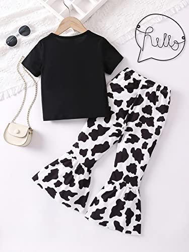 Image of WDIRARA Toddler Girl's 2 Piece Graphic Short Sleeve Tee and Cow Print Flare Pants Set