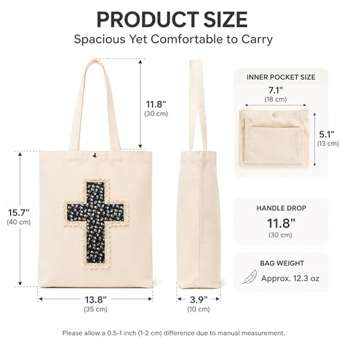 Image of Christian Tote Bag Gift for Women, Canvas Bible Bag Handmade Floral Cross | Christian faith-inspired gift, handcrafted cross with lace, inner pocket, snap closure, bottom gusset, church Bible study use
