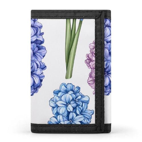 Blue Purple Hyacinths Flowers Trifold Wallets for Men Women Ultra Thin Card Holder Purse with Zip Coin Pocket