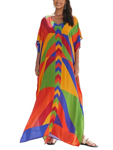 Image of IMAGEKOPE Women's Plus Size Loose Fit Moroccan Print V-Neck Batwing Kaftan Beach Dress Bathing Suit Cover Up