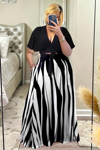 Image of Plus Size Women's 2 Piece Outfits Casual Short Ruffle Sleeve Wrap Crop Top Maxi Long Dress Flowy Matching Sets