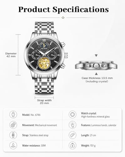 Image of OLEVS Men Automatic Skeleton Watch - Luxury Stainless Steel Calendar Moon Phase Mechanical Dress Wrist Watch with Luminous, Waterproof Self-Wind (Gold /Silver /Blue /Black)
