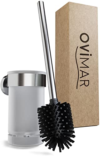 ovimar Toilettenbürste Tranerodde | Silber | Wandmontage mit Bohren | Silikon Klobürste | WC Bürste mit Belüftungsfunktion | zum Bohren oder Kleben | aus Edelstahl | WC Bürstenkopf wechselbar