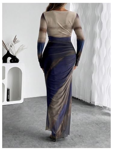 Image of Womens Long Sleeve Maxi Dress Mesh Bodycon Spring Fall Formal Wedding Guest | Tie Dye Ruched Night Out Cocktail Party Long Dresses