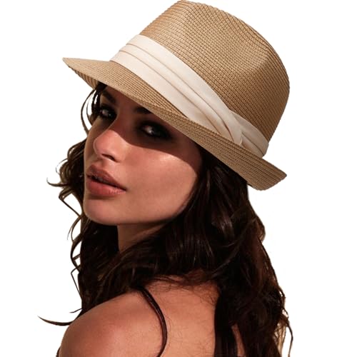 DRESHOW Damen Panama Hut Breiter Krempe Stroh Sommer Fedora Strohhut...