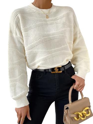 Verdusa Women's Textured Knit Pullover Sweaters Crew Neck Long Sleeve Fall Clothes