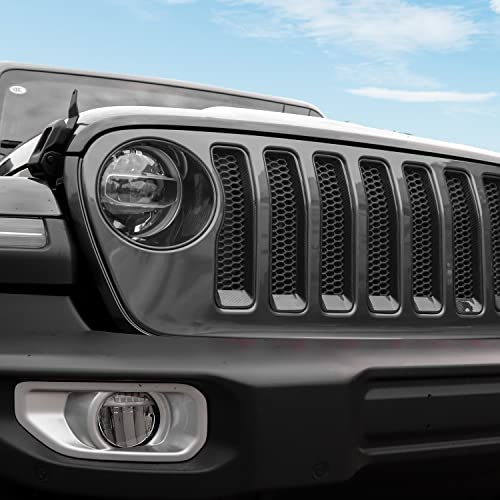 Image of CheroCar for JL Mesh Grille Grill Insert & Headlight Turn Light Cover Trim Exterior Accessories for Jeep Wrangler JL 2018-2023,Carbon Fiber