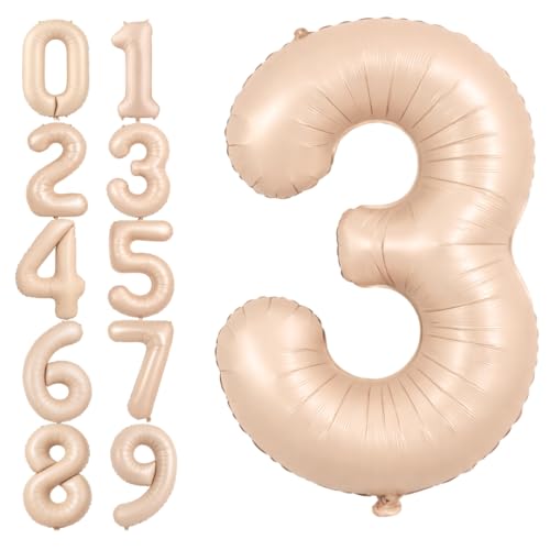 Image of WP WANNA PARTY Number 3 Balloons Retro Apricot Three Birthday Decor Light Brown Balloon For 3Rd, Boy Girl Large 40 Inch Digital Year Old Nude Ballons Neutral Caramel-Aluminium 1 Pcs