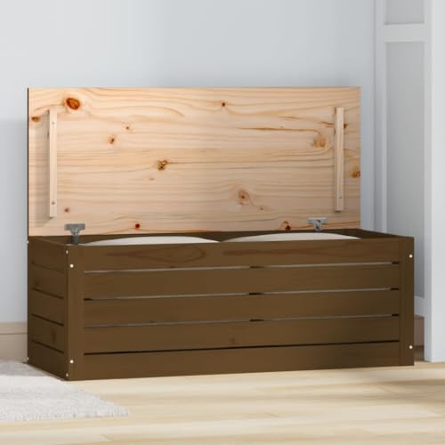 Augerlite Baúl marrón miel de madera de pino maciza, 89 x 36,5 x 33 cm, caja de almacenamiento con marco de madera resistente y práctica tapa para salón, dormitorio y oficina