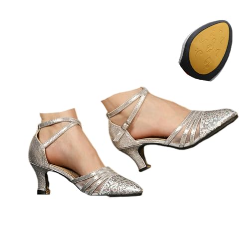 Hixingo Zapatos de Baile Latino Mujer,Salsa y Bachata Cerrados Tango Tacon de 5,5 cm, Salón Moderno Tango cha-cha Vals,Zapatos de Baile de Salón (302 Plata,35)
