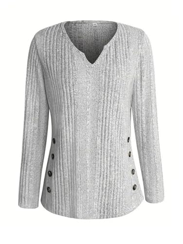 Image of Flamingals Women's Sweaters V Neck Casual Long Sleeve Lightweight Pullover Tops Light Gray XL