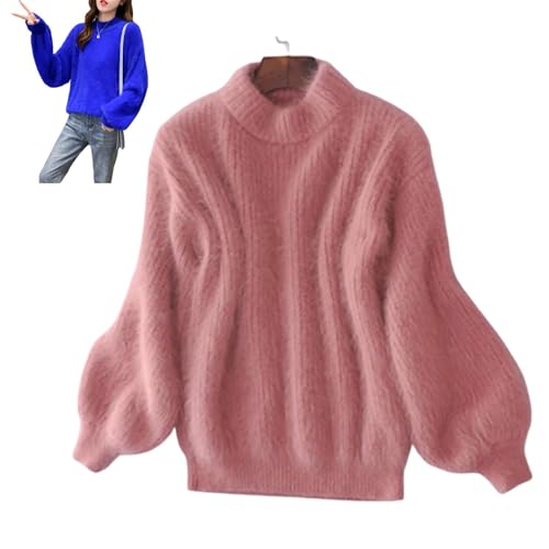 Nearflying Suéter cálido y suelto de mezcla de cachemira Angora para mujer, suéter de punto de cuello redondo de color sólido, rosa, Talla única