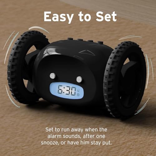 Image of CLOCKY Alarm Clock on Wheels - Loud Rolling Alarm Clock for Heavy Sleepers | Runaway Clock that Jumps & Runs to Wake You Up | Funny Unique Gift for Adults, Teens & Kids Bedrooms (Black Wheels)