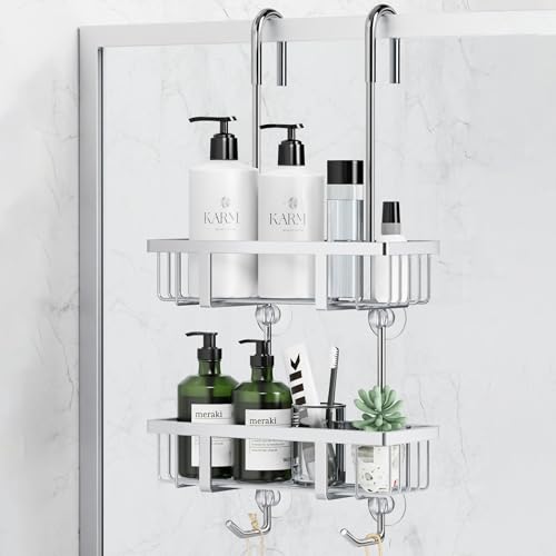 Shower Caddy Hanging-2 Tier Shower Storage Over Door Rack Holders Silver