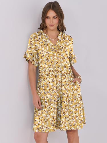 Image of ANRABESS Women's Summer Casual Dress, V-Neck Ruffle Sleeve Tiered Mini Dress, Soft Comfy Fabric with Pockets for All-Day Wear