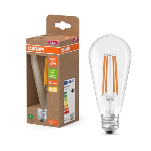 Osram LED Classic LED-Lampe mit Filament in klassischer Edisonform, klarer Glasleuchtkörper, 3.8 W, E27 Fassung, EEK A, 806 lm für die Allgemeinbeleuchtung.